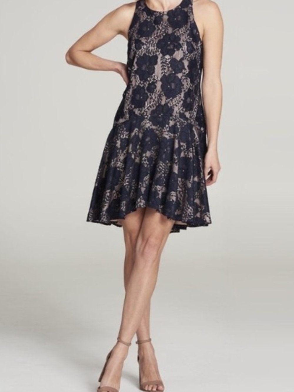 🌼B2G1🌼 Eliza J Blue Black Lace Drop Waist Dress with Blush Lining